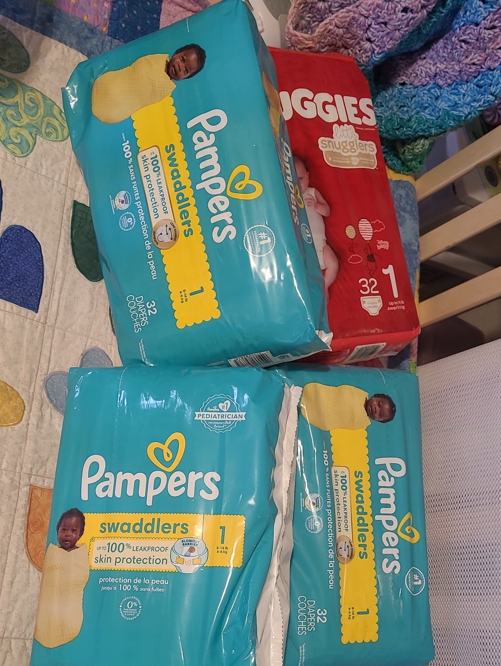 BW Pampers Swaddlers Size 1 Diapers - Teal & Yellow Pack